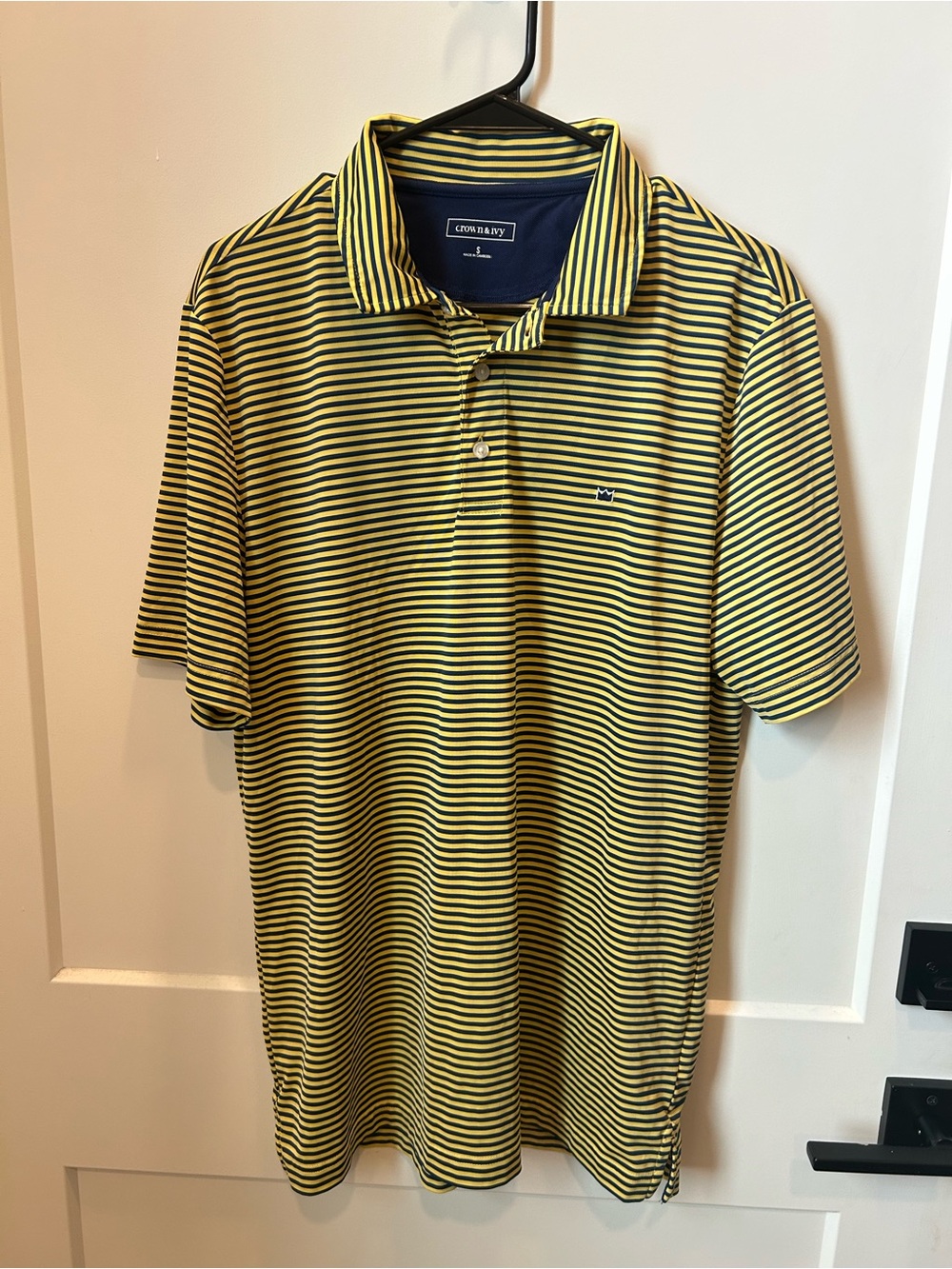 crown & ivy Men's Yellow and Navy Striped Polo Shirt